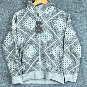 Bandana Paisley Allover Print Hooded Jacket Womens Sz 12 NWT Gray Streetwear AOP